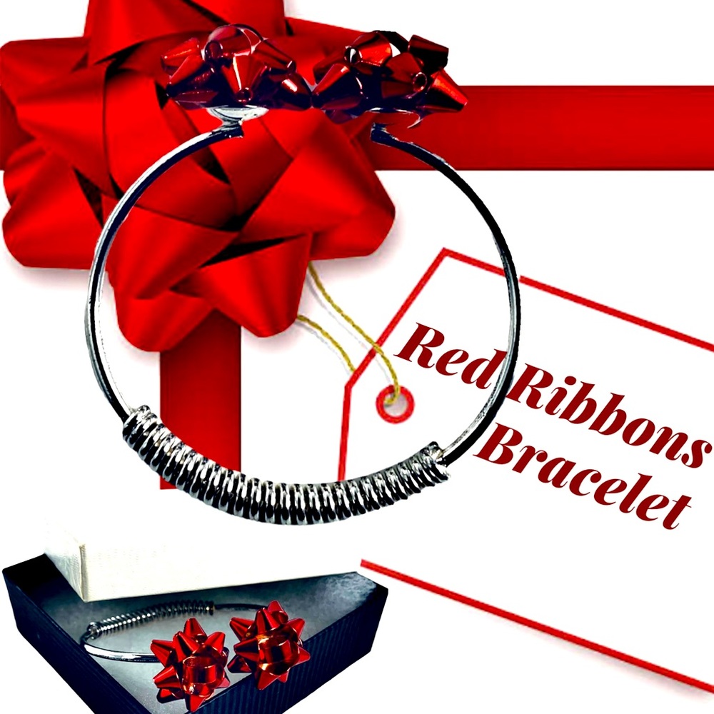 Red Gift Ribbon Silver Tone Bangle Bracelet.